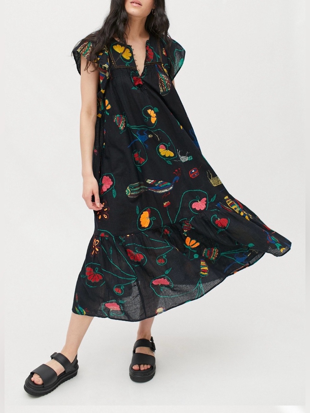Urban Outfitters Willow Frock Embroidered Midi Dress, Medium,Modern Folk Art